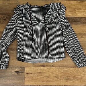 Brown & White Gingham Ruffle V-Neck Women's Top